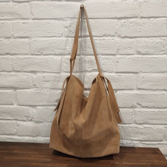 MNG Mango Beige Suede Leather Shoulder Bag Hobo Medium Purse Fringe Zipper - Picture 2 of 12